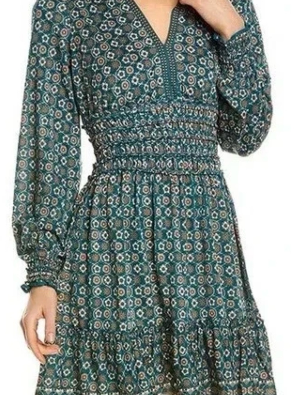 Max Studio Teal Floral Smocked Waist Long Sleeve Mini Dress - Picture 7 of 10